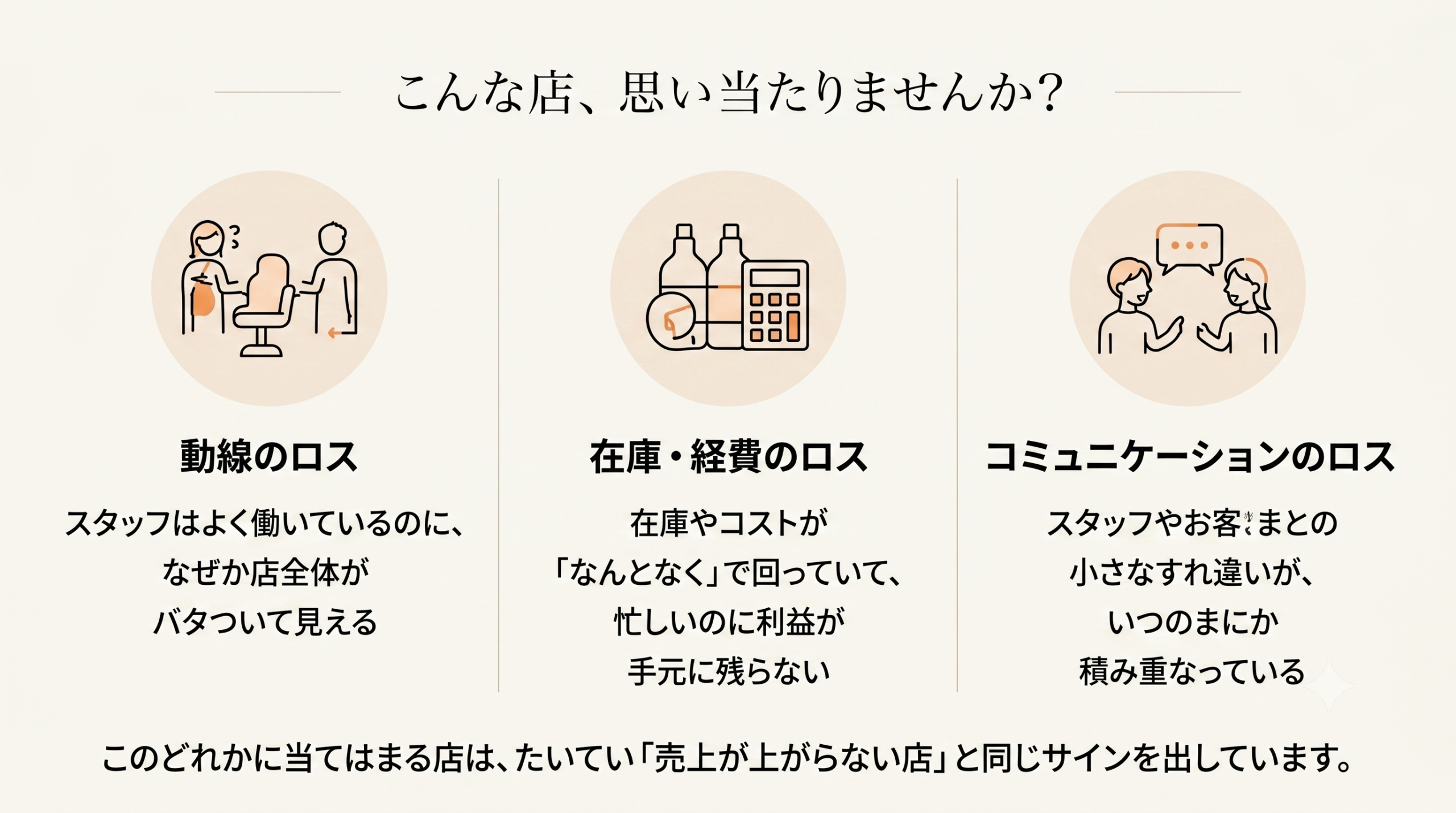 こんな店、思い当たりませんか？ 動線のロス：スタッフはよく働いているのに、なぜか店全体がバタついて見える。在庫・経費のロス：在庫やコストが「なんとなく」で回っていて、忙しいのに利益が手元に残らない。コミュニケーションのロス：スタッフやお客さまとの小さなすれ違いが、いつのまにか積み重なっている。このどれかに当てはまる店は、たいてい「売上が上がらない店」と同じサインを出しています。